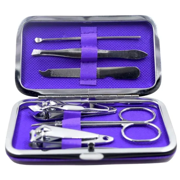 Material: Iron Package Content:- 6 Tools in 1 Manicure Kit Tool Name - (Nail File, Ear Pick, Eyebrow Tweezers, Diagonal Nail Clipper, Eyebrow scissor, Nail Clipper) EASY TO CARRY: Button box and round-arc corner design, easy to store and carry. You can carry it with you in your bag everyday or pack it with you when you go traveling. IDEAL GIFT: Our Manicure Tools Aesthetic packaging design,the case is made of high-quality fabric and PU leather, stylish and elegant, a perfect gift.