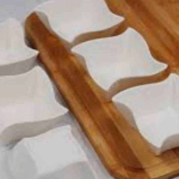 Signature Modern Lazy Susan Appetizer and Condiment Server Set with 6 Unique Design Serving Dishes and a Bamboo Lazy Suzan Serving Tray