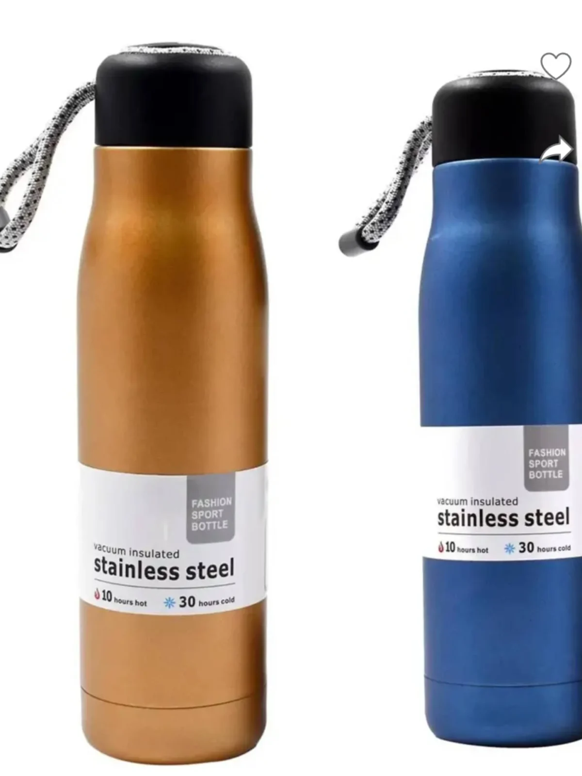 Insulated Stainless Steel Water Bottle Hot & Cold Fashion Sport Design with Carrying Rope Multicolor RPB-01 Gold - Image 2