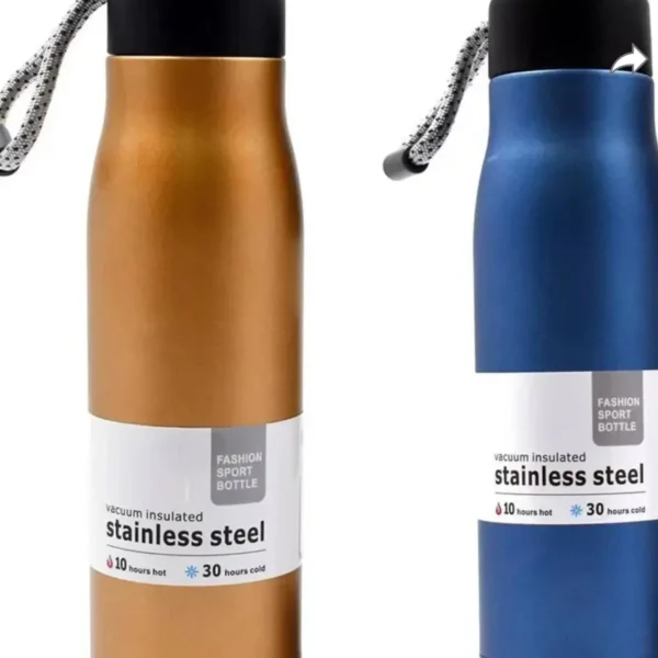 Insulated Stainless Steel Water Bottle Hot & Cold Fashion Sport Design with Carrying Rope Multicolor RPB-01 Gold